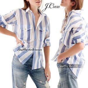 J.Crew blue & white striped silk/cotton flap pocket long sleeve relaxed shirt
